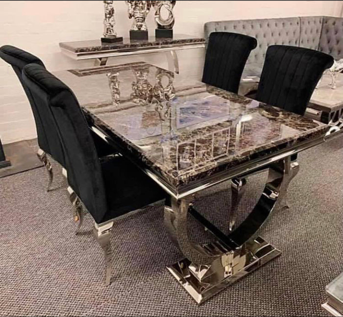 Arianna Black Marble Top Dining Set With Alice Velvet Chairs