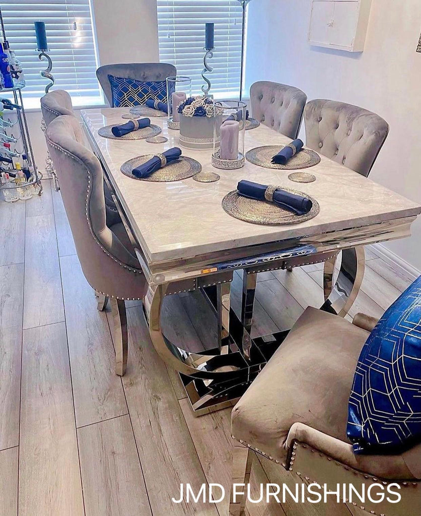 Arianna Marble Dining Table With Chelsea Knocker Velvet Chairs JMD