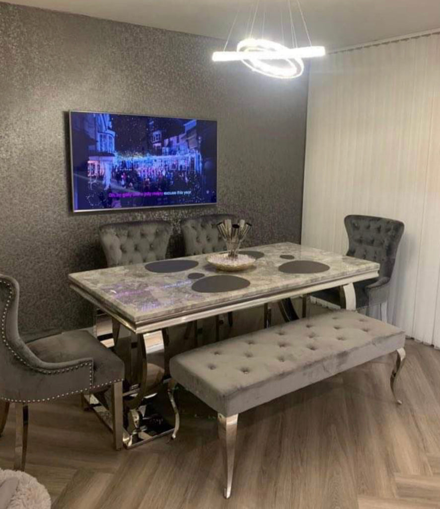 Arianna Marble Dining Table With Chelsea Knocker Velvet Chairs JMD