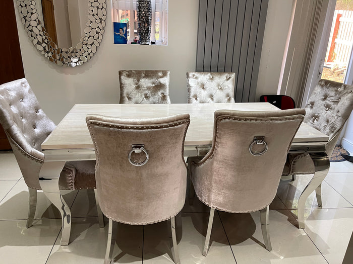 Vienna Cream Marble Top Dining Set With Jessica Champagne Chairs