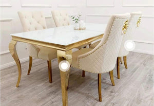 Vienna White Glass Dining Table With Bentley Gold Chairs
