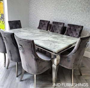 Vienna Grey 200cm Marble Top Dining Set With Cheshire Knocker Velvet Chairs