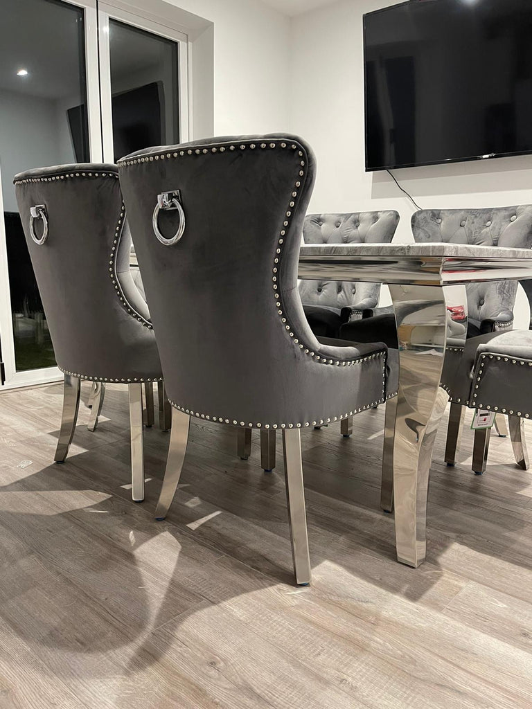 Vienna Grey Marble Top Dining Set With Chelsea Ring Knocker Velvet Cha ...