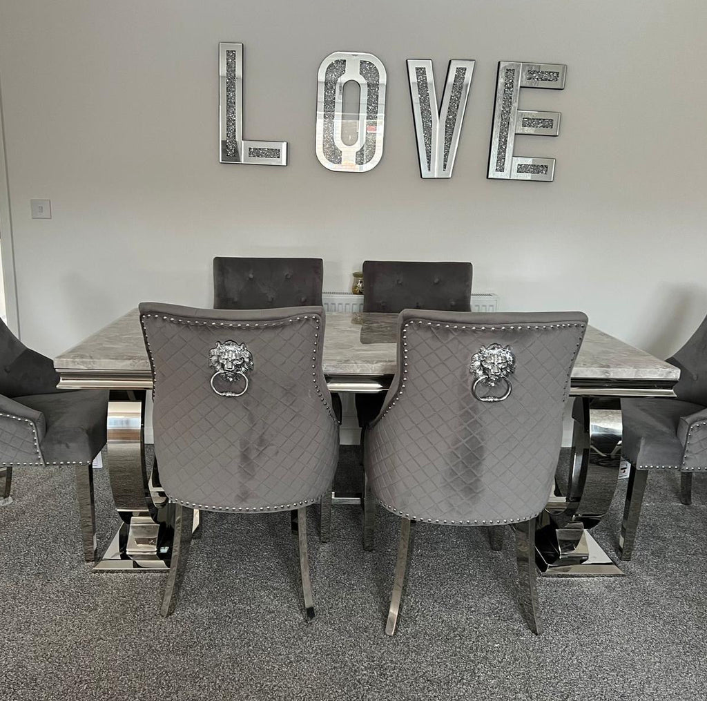 Arianna Grey Marble Dining Table With Venice Lion Knocker Grey Velvet Chairs