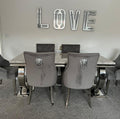 Arianna Grey Marble Dining Table With Venice Lion Knocker Grey Velvet Chairs