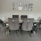 Arianna Grey Marble Dining Table With Venice Lion Knocker Grey Velvet Chairs
