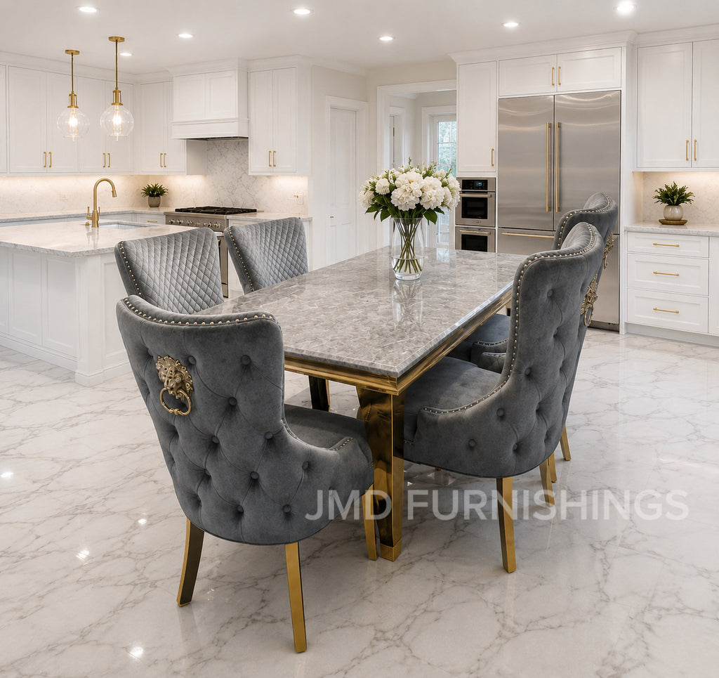 Louis Marble Gold Dining Set With Victoria Gold Lion or Plain Ring Velvet Knocker Chairs
