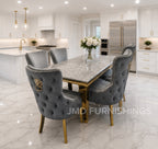 Louis Marble Gold Dining Set With Victoria Gold Lion or Plain Ring Velvet Knocker Chairs
