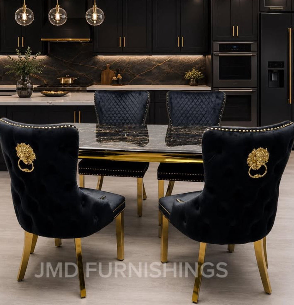 Louis Marble Gold Dining Set With Victoria Gold Lion or Plain Ring Velvet Knocker Chairs