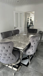Arianna Marble Dining Table With Lewis Lion Knocker Velvet Chairs