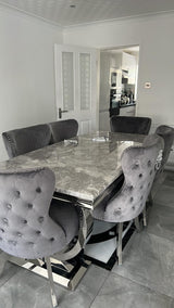 Arianna Grey Marble Dining Table With Lewis Lion Knocker Velvet Chairs