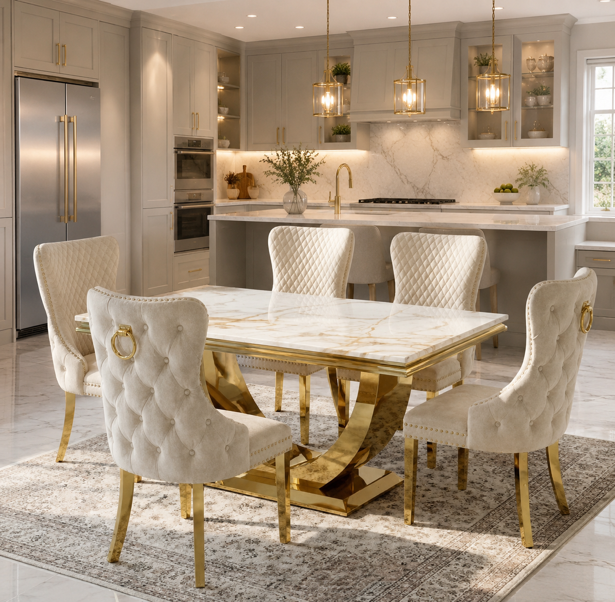Gold Arial 1.8m With 6 Victoria Gold Lion Chairs