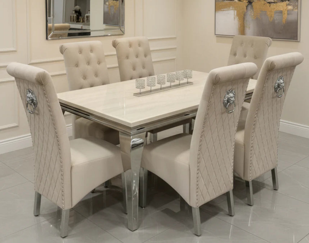 Vienna Marble Top Dining Set With Lucy Lion Knocker Velvet Chairs