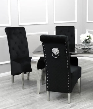 Arianna Grey Marble Top Dining Set With Black Emma Knocker Velvet Chairs
