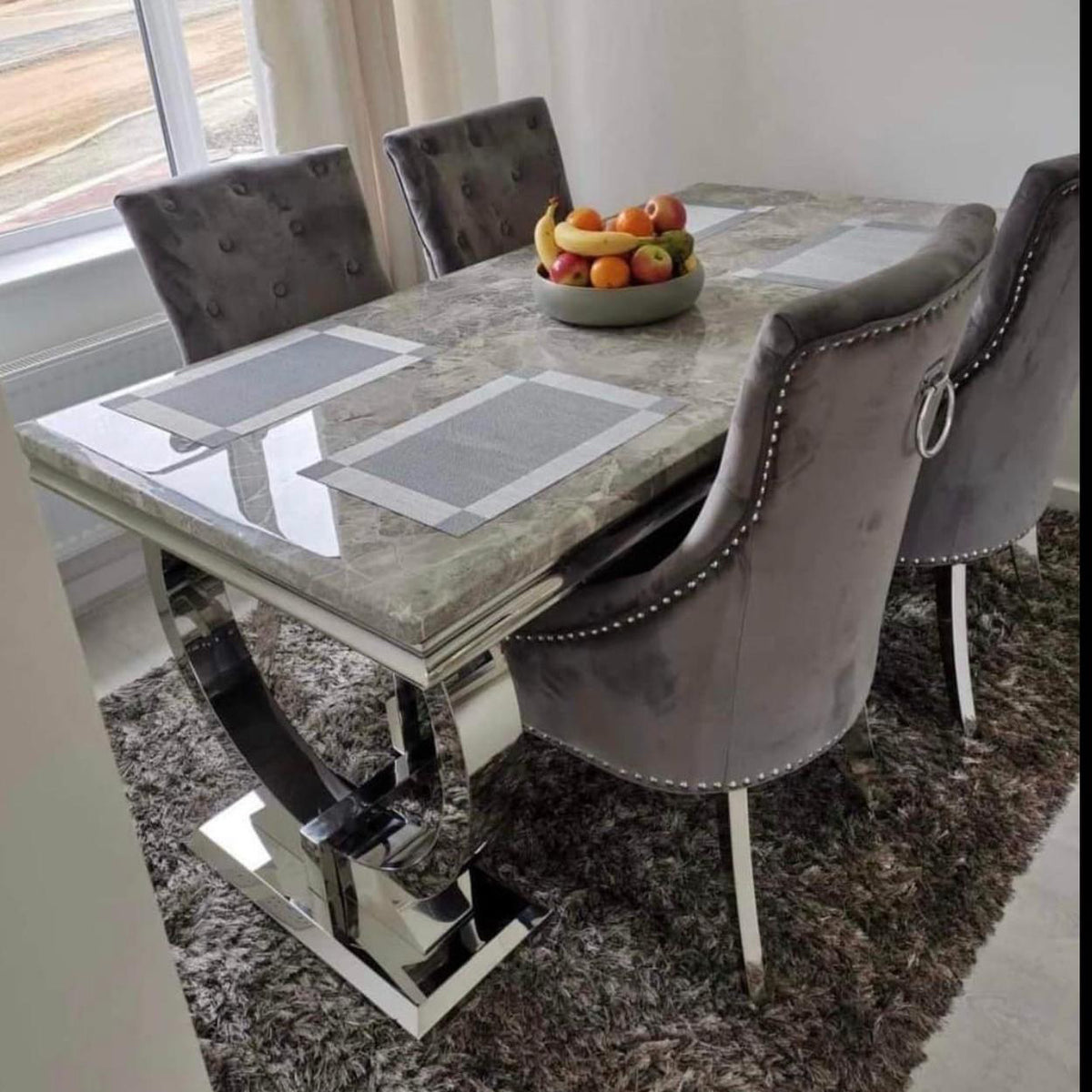 Arianna Grey Marble Top Dining Set With Cheshire Knocker Velvet Chairs ...