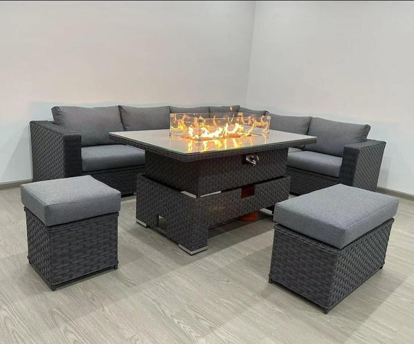 9 Seater Rattan Set With Fire Pit