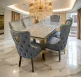 Cream Marble & Gold Dining Set With Victoria Cream & Gold Lion Knocker Velvet Chairs