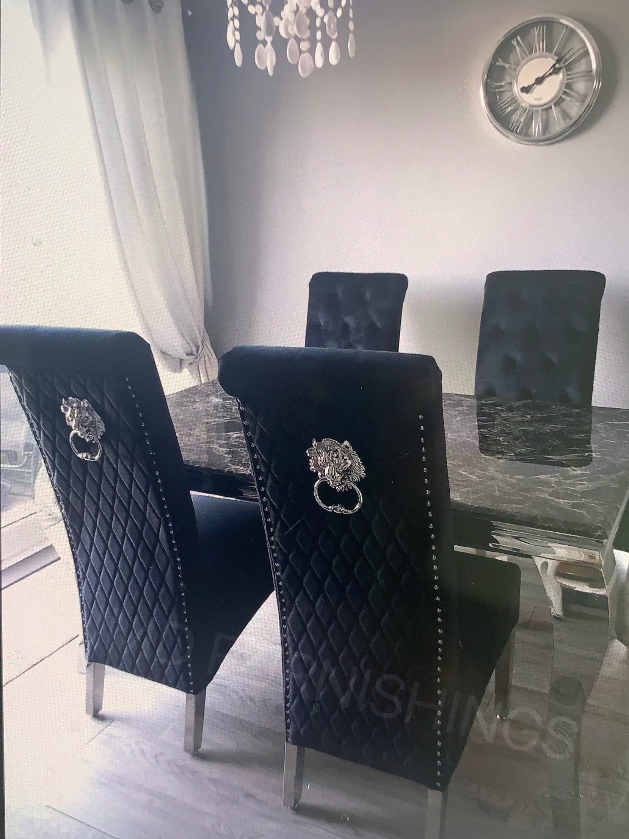 Vienna Marble Top Dining Set With Lucy Lion Knocker Velvet Chairs