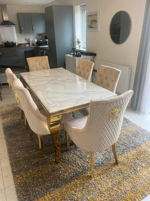 Vienna White & Gold Marble Dining Set With Cream Bentley & Gold Knocker Velvet Chairs