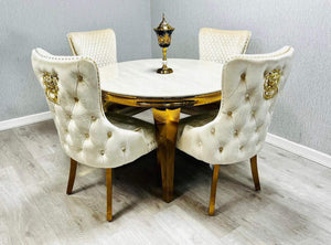 Lewis Round White & Gold Table With Sofia Cream & Gold Lion Chairs