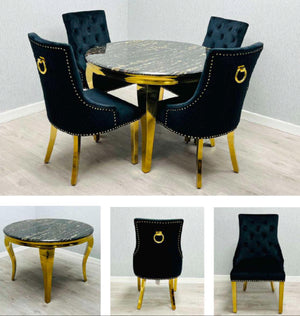 Lewis Black & Gold Round With Black & Gold Valencia Chairs