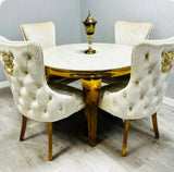 Cream Marble & Gold Dining Set With Victoria Cream & Gold Lion Knocker Velvet Chairs