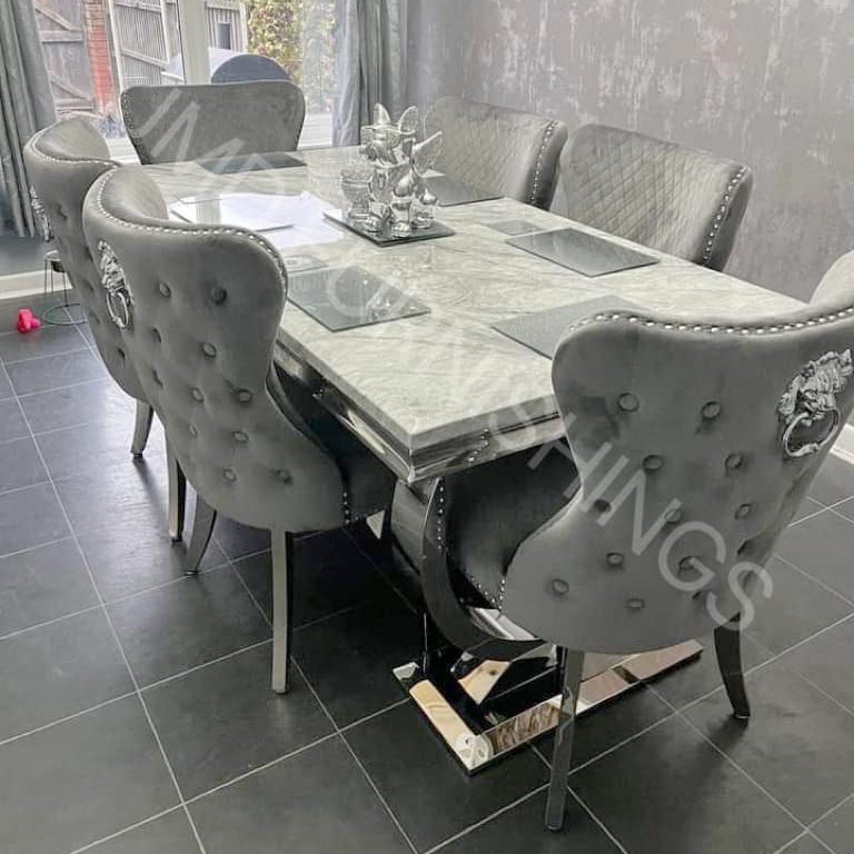 Arianna Marble Dining Table With Lewis Lion Knocker Velvet Chairs