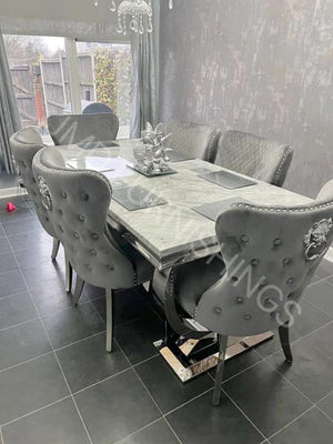 Arianna Grey Marble Dining Table With Lewis Lion Knocker Velvet Chairs