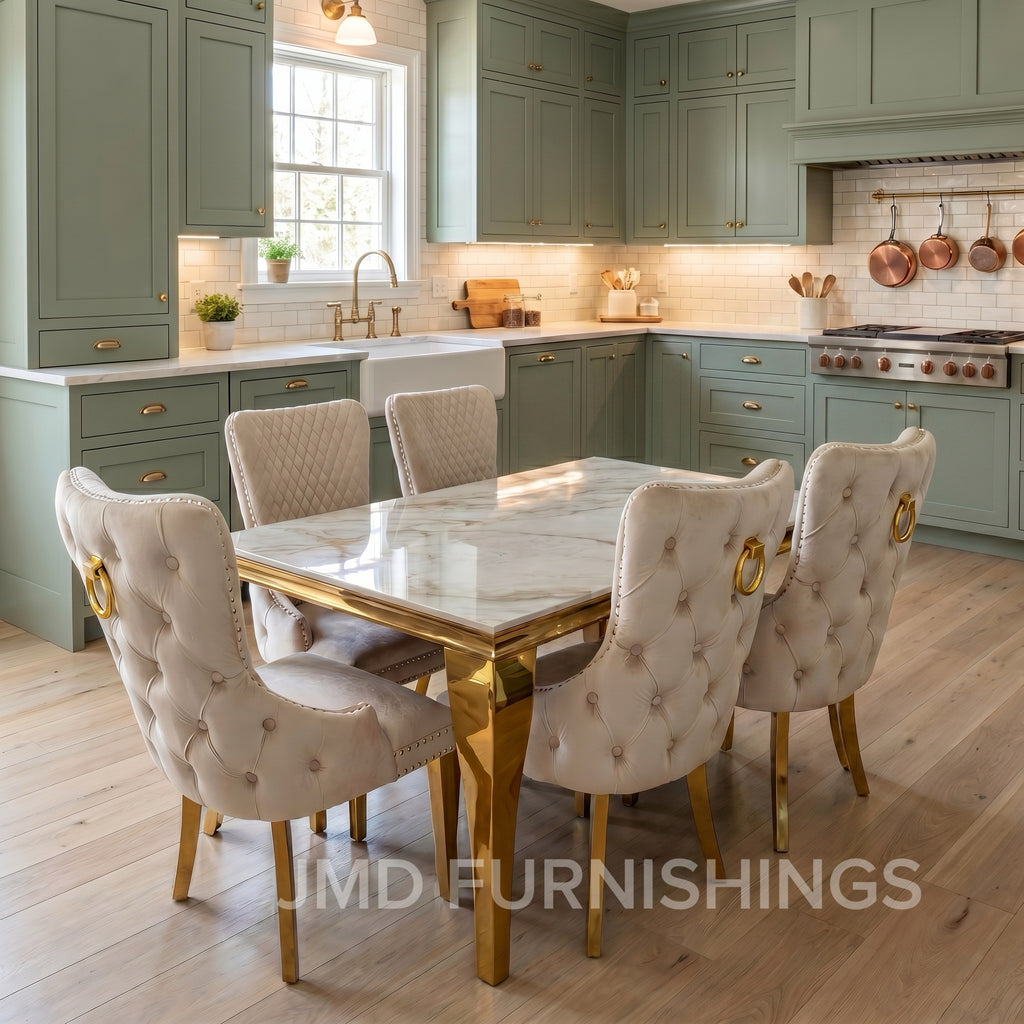 Louis Marble Gold Dining Set With Victoria Gold Lion or Plain Ring Velvet Knocker Chairs