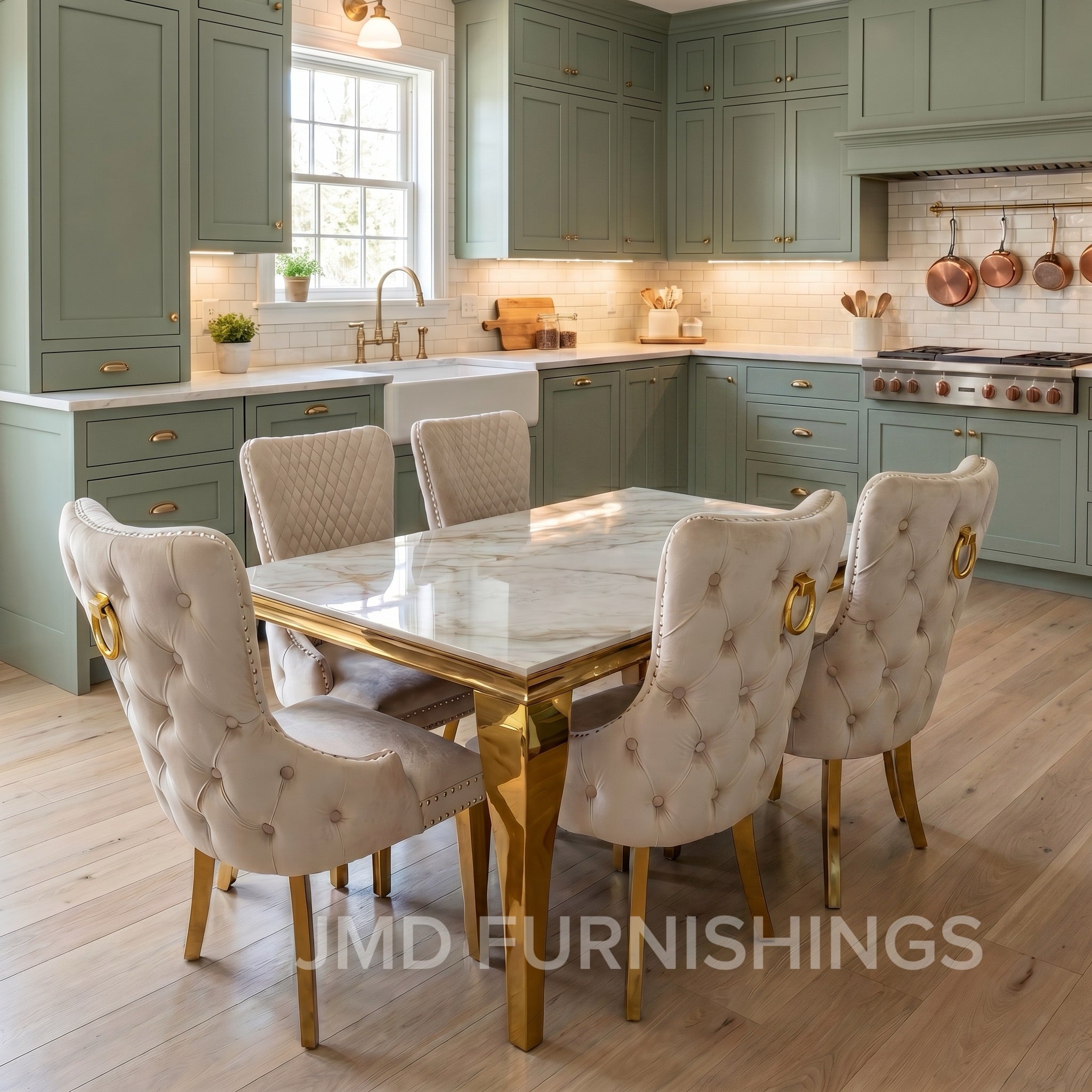 Louis Marble Gold Dining Set With Victoria Gold Lion or Plain Ring Velvet Knocker Chairs