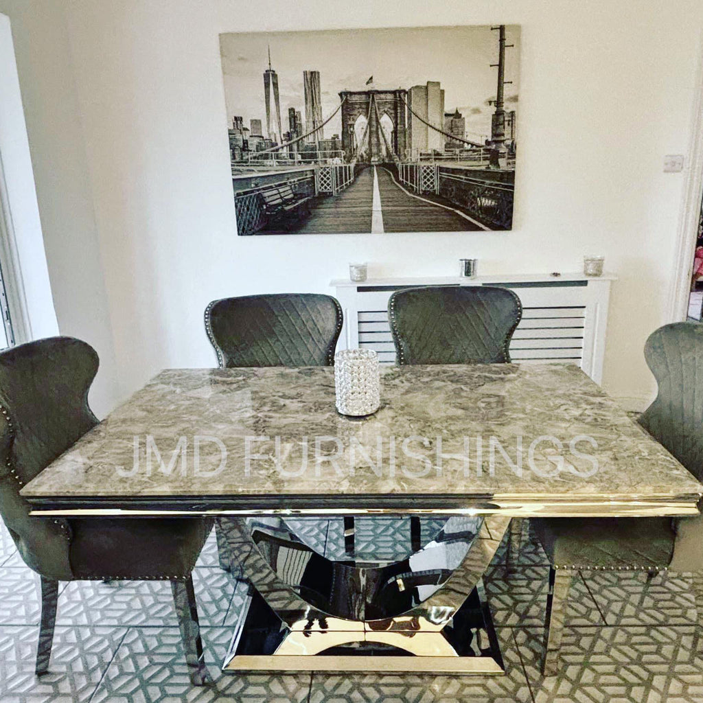 Arial Grey Marble Top Dining Set With Lewis Lion knocker Velvet Chairs