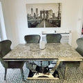 Arial Grey Marble Top Dining Set With Lewis Lion knocker Velvet Chairs