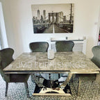 Arial Grey Marble Top Dining Set With Lewis Lion knocker Velvet Chairs