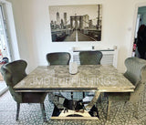 Arial Marble Top Dining Set With Lewis Lion knocker Velvet Chairs