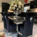 Arianna Black Marble Top Dining Set With Black Emma Knocker Velvet Chairs