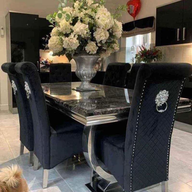 Arianna Black Marble Top Dining Set With Black Emma Knocker Velvet Chairs