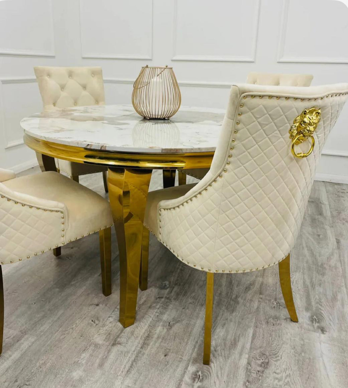 Louis Gold Dining Table with Bentley Dining Chairs Cream Or Black