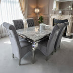 Vienna Marble Top Dining Set With Lucy Lion Knocker Velvet Chairs