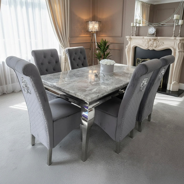 Vienna Marble Top Dining Set With Lucy Lion Knocker Velvet Chairs