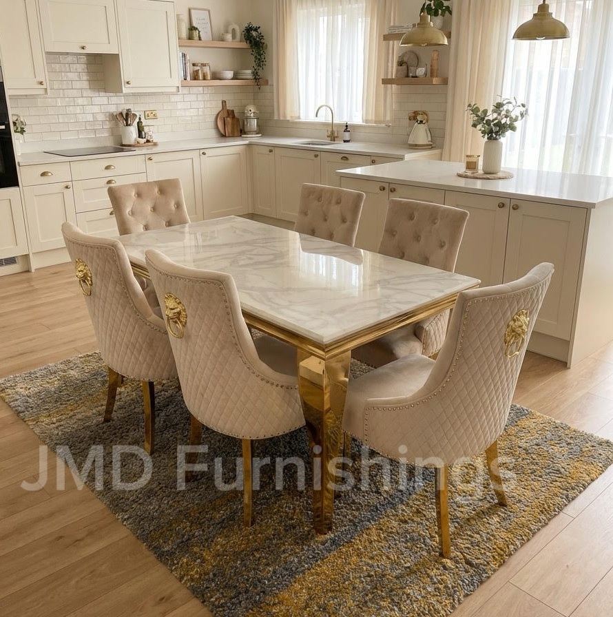 Vienna Cream & Gold Marble Dining Table With Bentley Gold Chairs