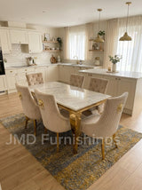 Vienna White & Gold Marble Dining Table With Bentley Gold Chairs