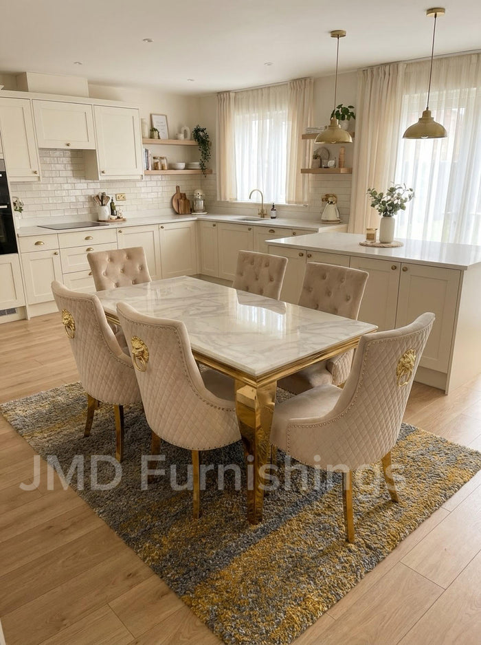 Vienna White & Gold Marble Dining Table With Bentley Gold Chairs