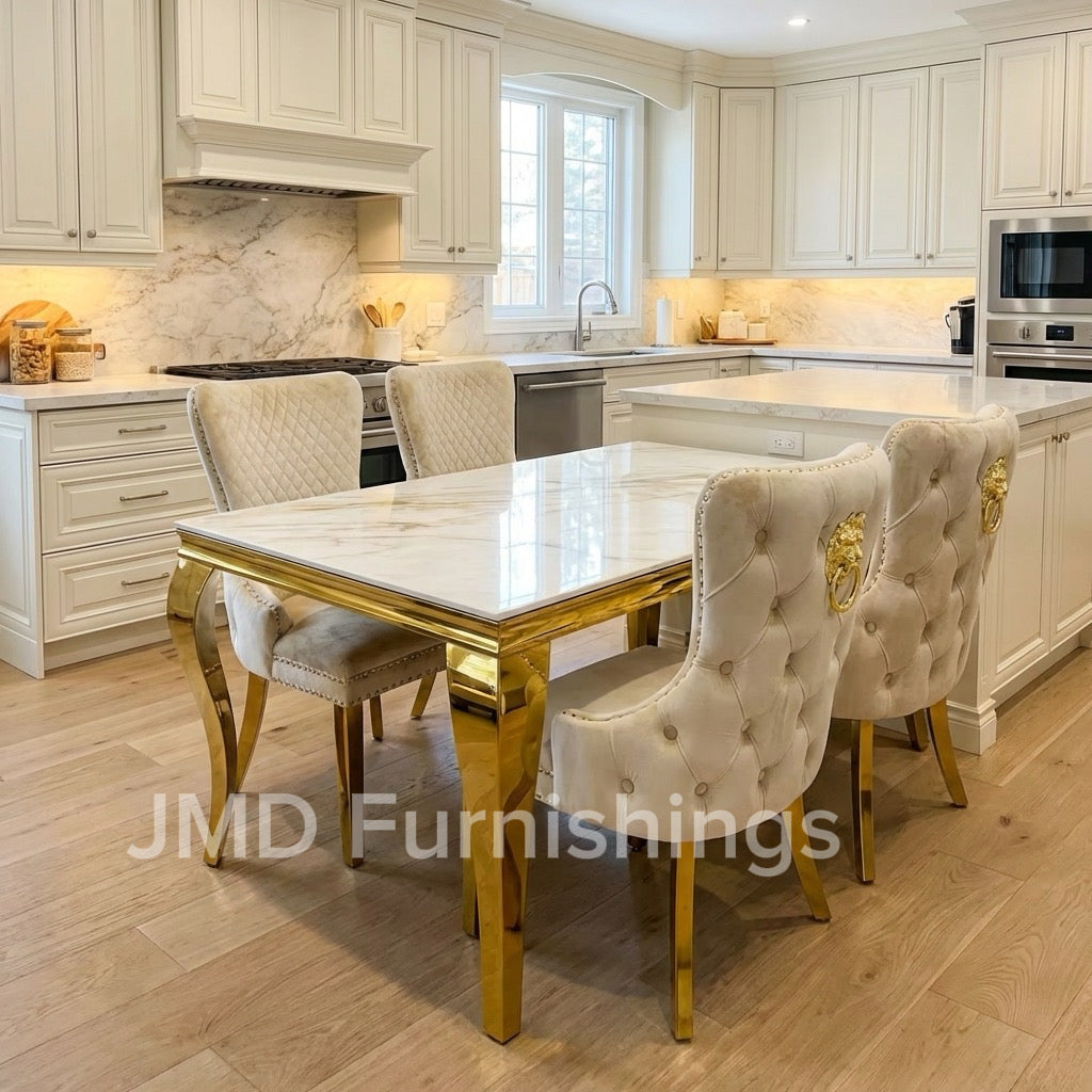 Louis Marble Gold Dining Set With Victoria Gold Lion or Plain Ring Velvet Knocker Chairs