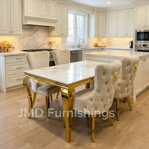 Cream Marble & Gold Dining Set With Victoria Cream & Gold Lion Knocker Velvet Chairs