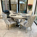 Chelsea Round Marble Dining Table With Lewis Lion Knocker Velvet Chairs