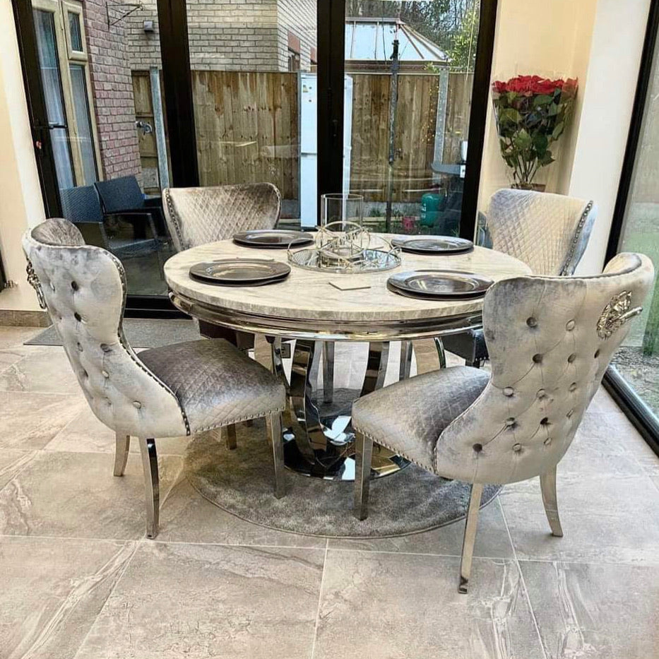 Chelsea Round Marble Dining Table With Lewis Lion Knocker Velvet Chairs