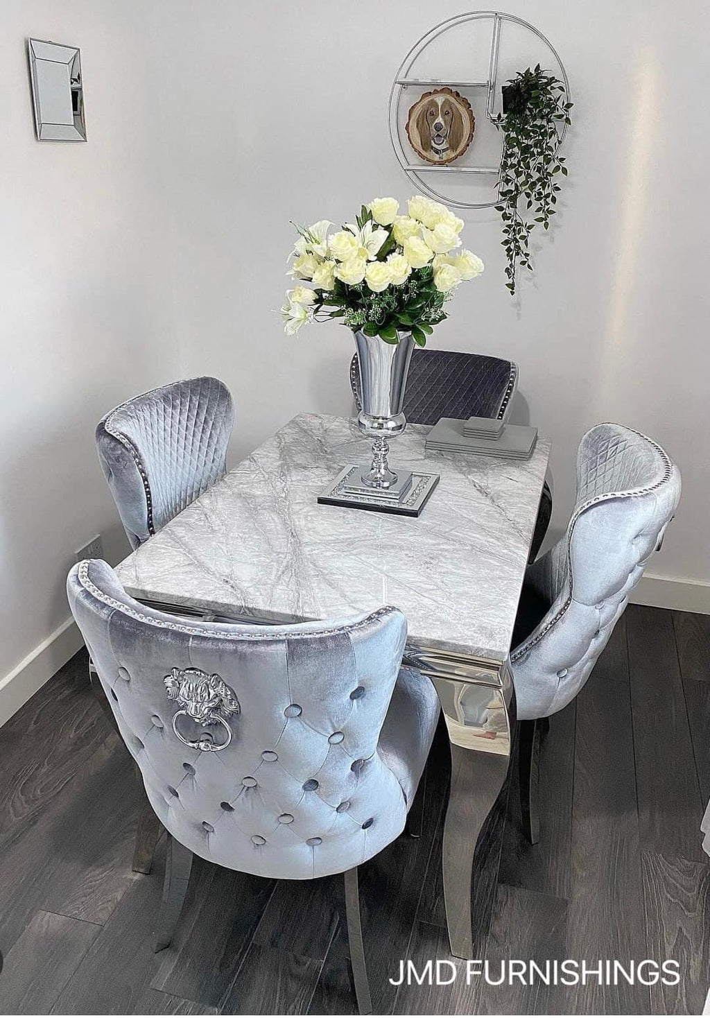 Vienna Marble Dining Table With Lewis Lion Knocker Chairs JMD Furnishings