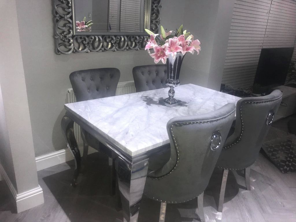 Vienna Marble Dining Table With Lewis Lion Knocker Chairs JMD Furnishings