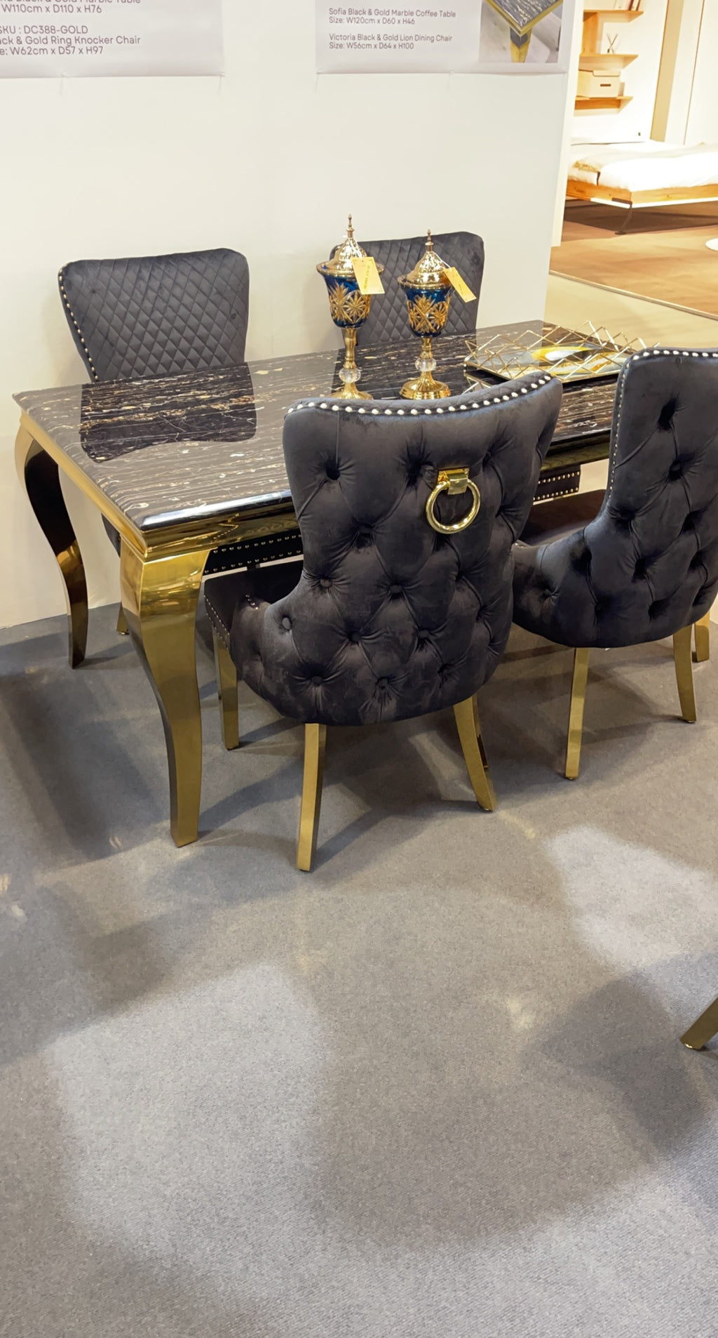 Vienna Gold Dining Set With Victoria Gold Knocker Velvet Chairs JMD