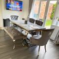 Arianna Grey Marble Table Dining Table With Chelsea Lion Knocker Velvet Chairs